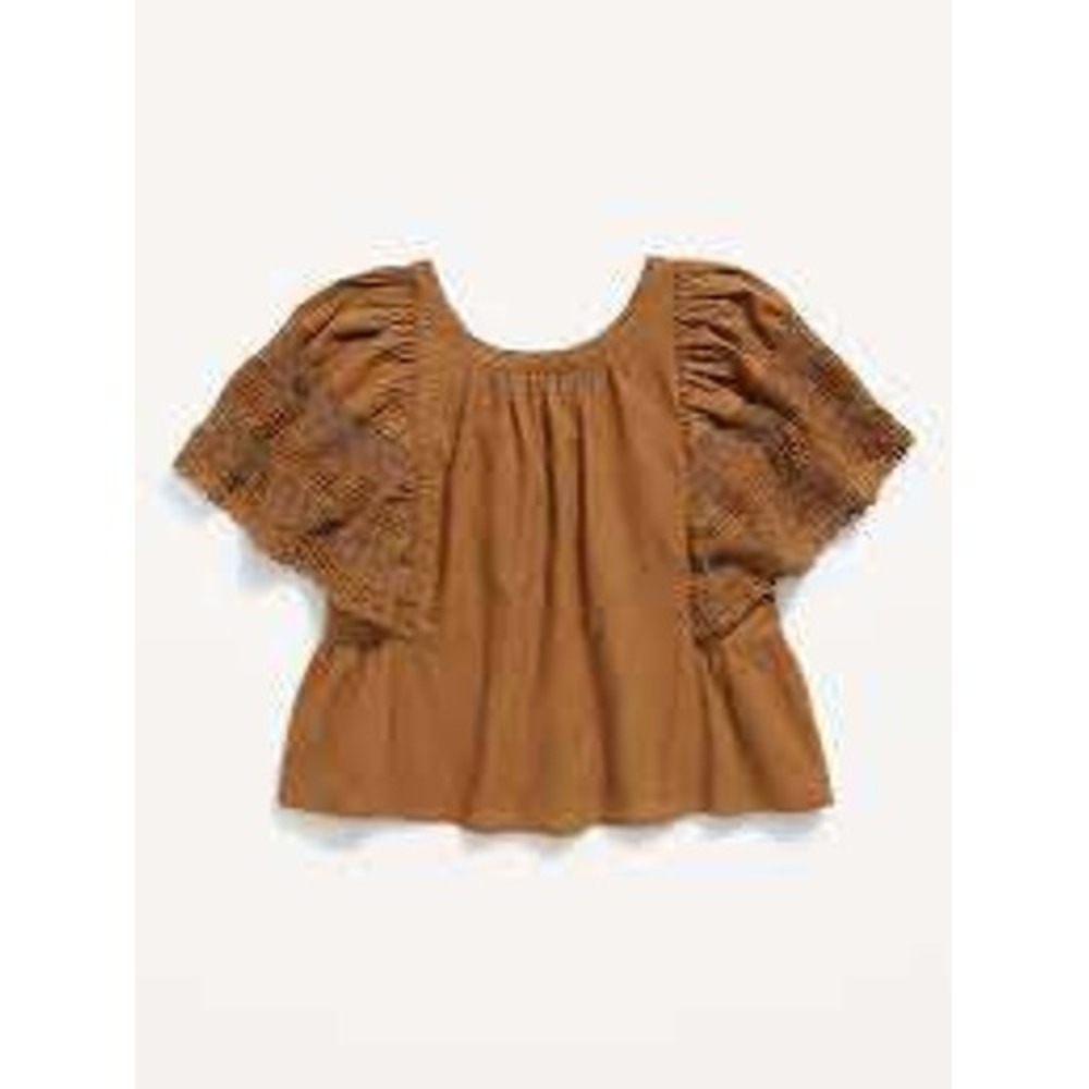 Old Navy Womens XL Ochre Brown Crochet Mesh Flutter Sleeve Linen Blend Swing Top